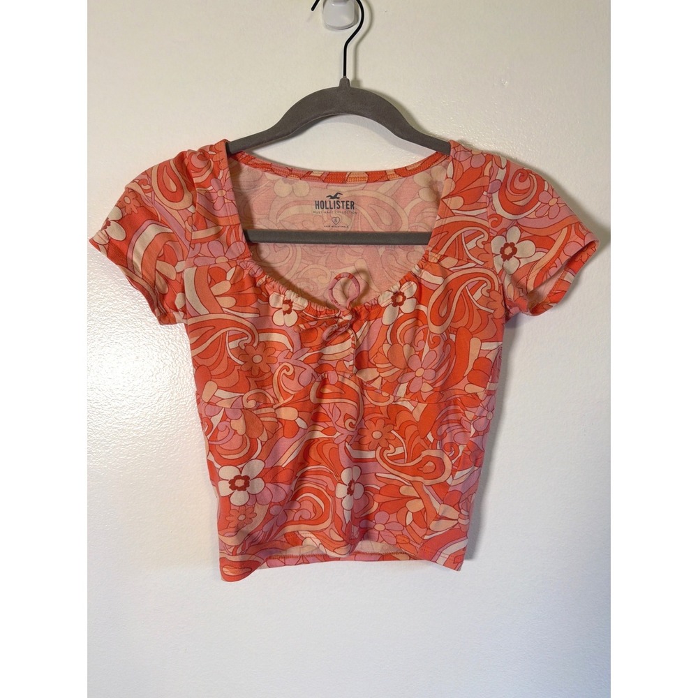 Hollister Retro Festival Floral Crop Top Must-Have Collection Orange Pink Small